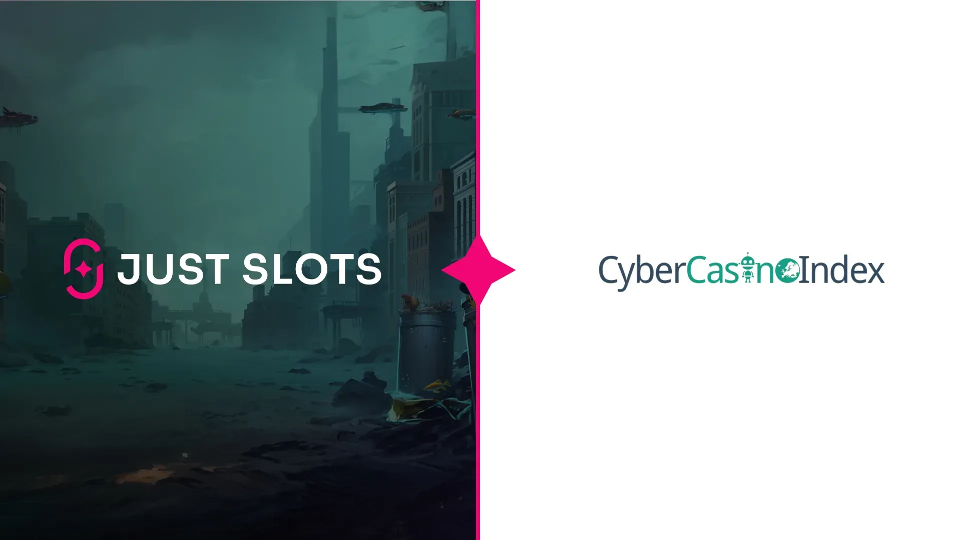 Just Slots logo beside the CyberCasinoIndex logo on a media partnership banner