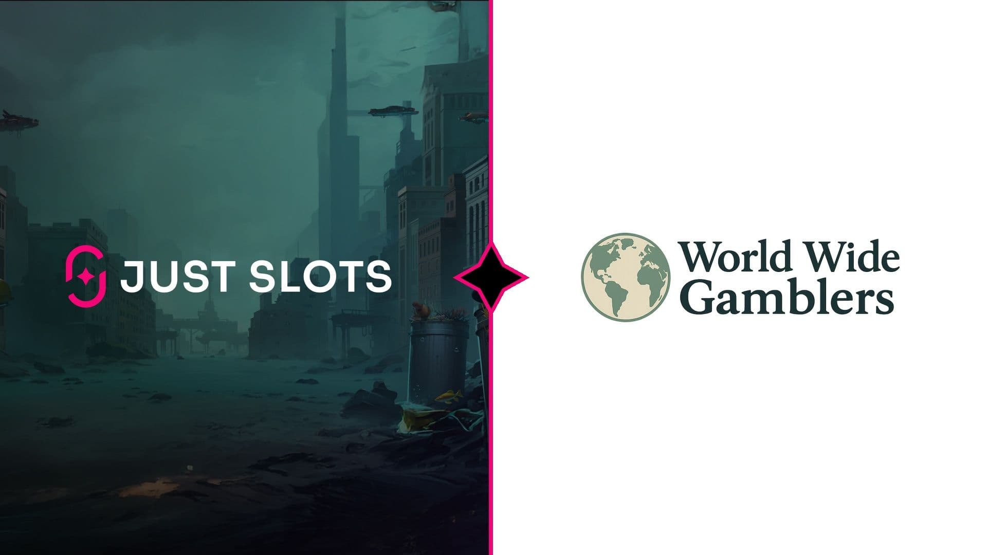 Just Slots logo beside the World Wide Gamblers logo on a partnership banner